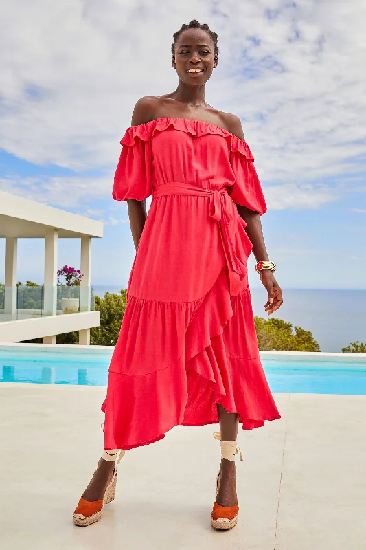 Amazing Deals Pink Off Shoulder Midi Dress