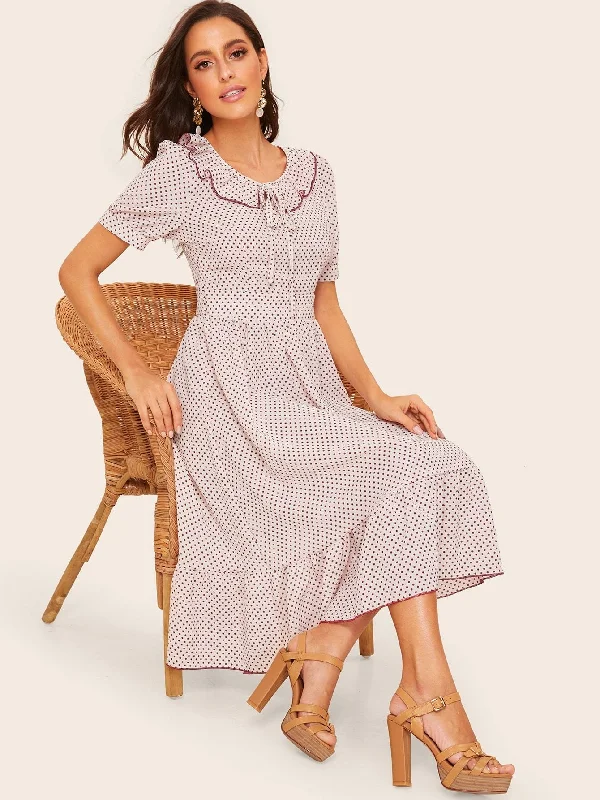 Discount Deals 50s Ruffle Trim Knot Detail Dot Dress