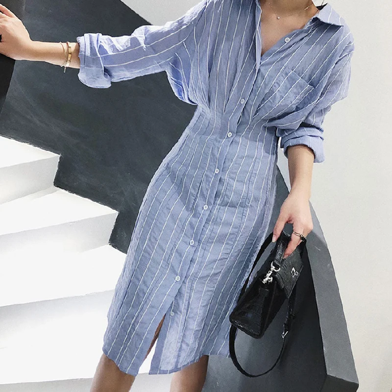 Fantastic Offers Fashion Striped Midi Dress Women Casual Turn-Down Pockets Slim Shirt Dress Robe Femme Vintage Long Sleeve Simple Dress Vestidos