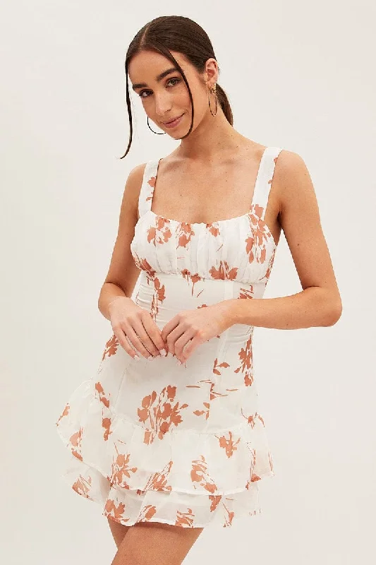 Weekend Deal White Floral Fit And Flare Dress Sleeveless Square Neck