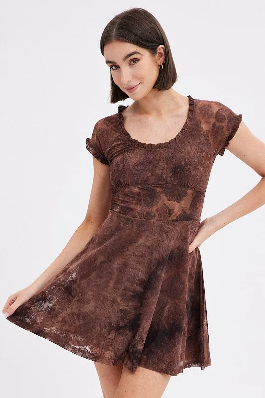 Markdowns Brown Paisley Mini Dress Short Sleeve Scoop Neck Fit & Flare