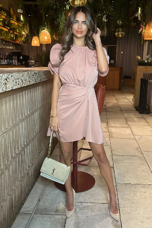 New Deals Blush Short Puff Sleeve Drape Skirt Mini Dress