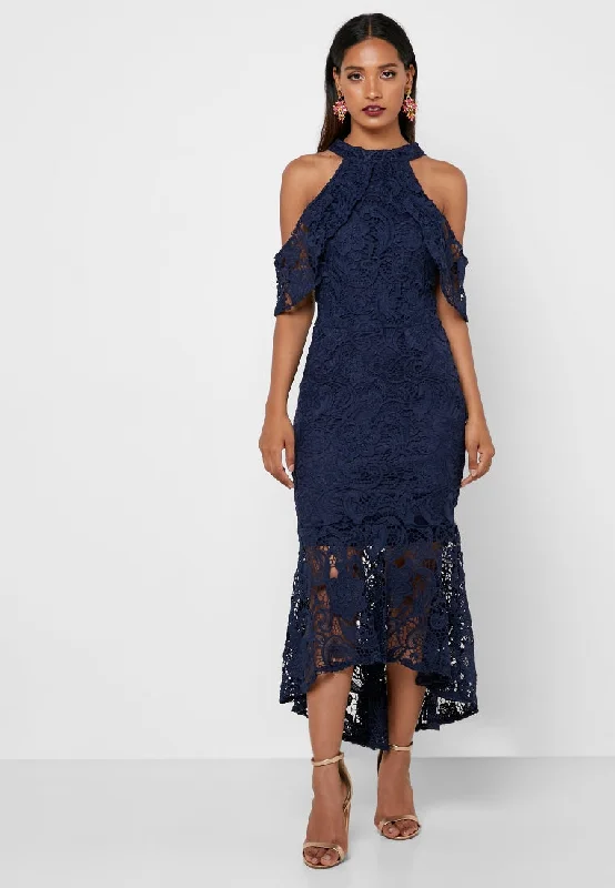 Can't Miss Navy Guipure Neck Low High Dress