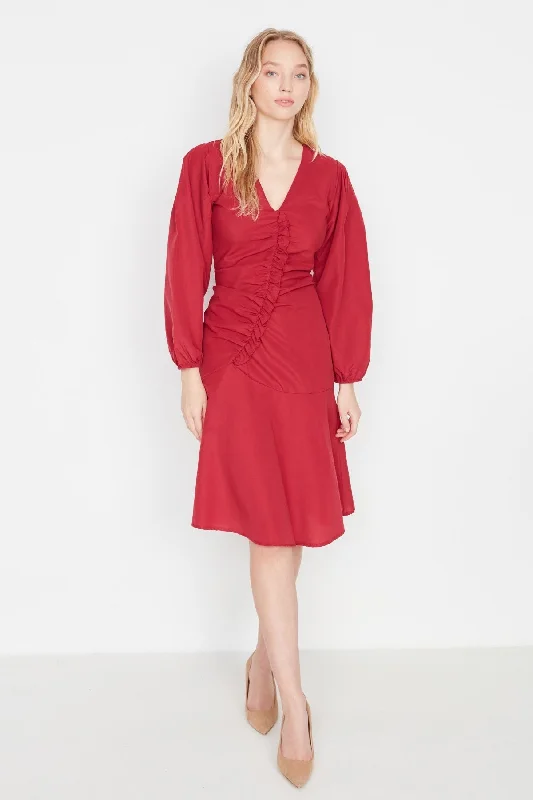 Midnight Madness Red Ruched Fitted Skater Dress