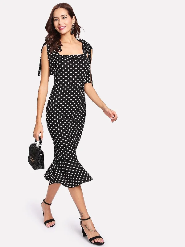 Lowest Prices Self Tie Shoulder Polka Dot Ruffle Hem Dress