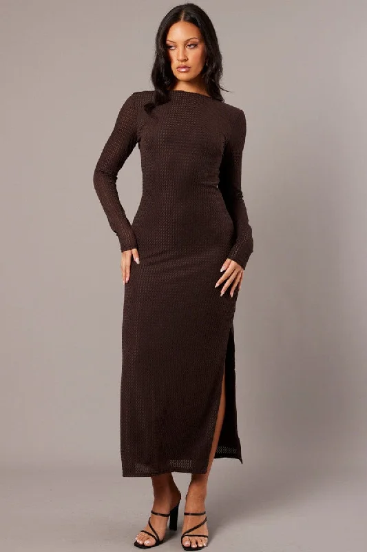 Super Sale Brown Textured Dress Long Sleeve