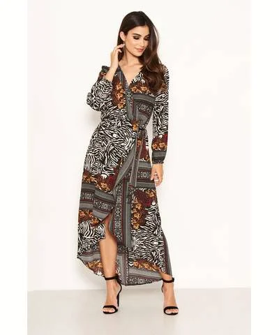 Limited Time Discount Zebra Mixed Print Wrap Midi Dress