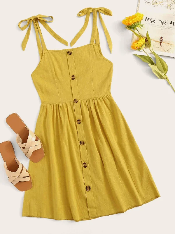 Huge Savings Self Tie Shoulder Button Up Dress