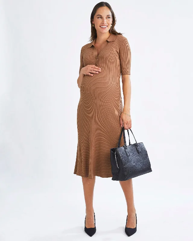 Clearance Sale Eleanor Elegance Knit Maternity Midi Dress in Camel