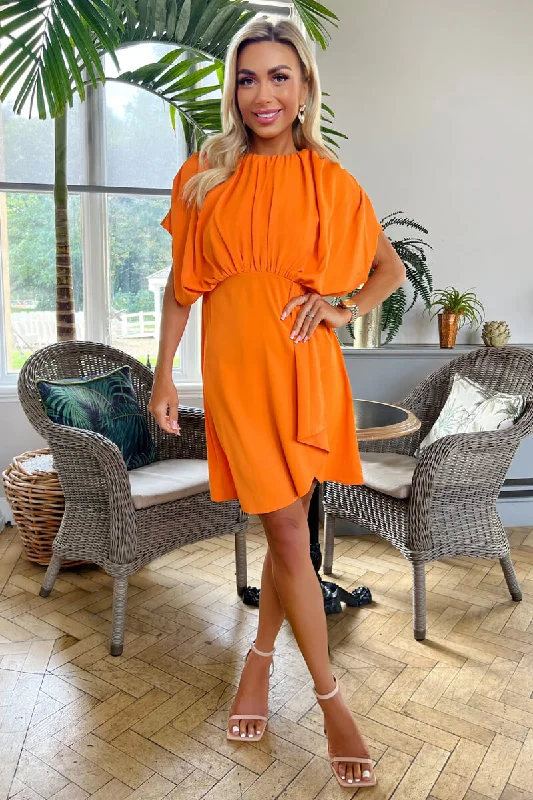 Stock Clearance Blood Orange Batwing Gathered Top Mini Dress