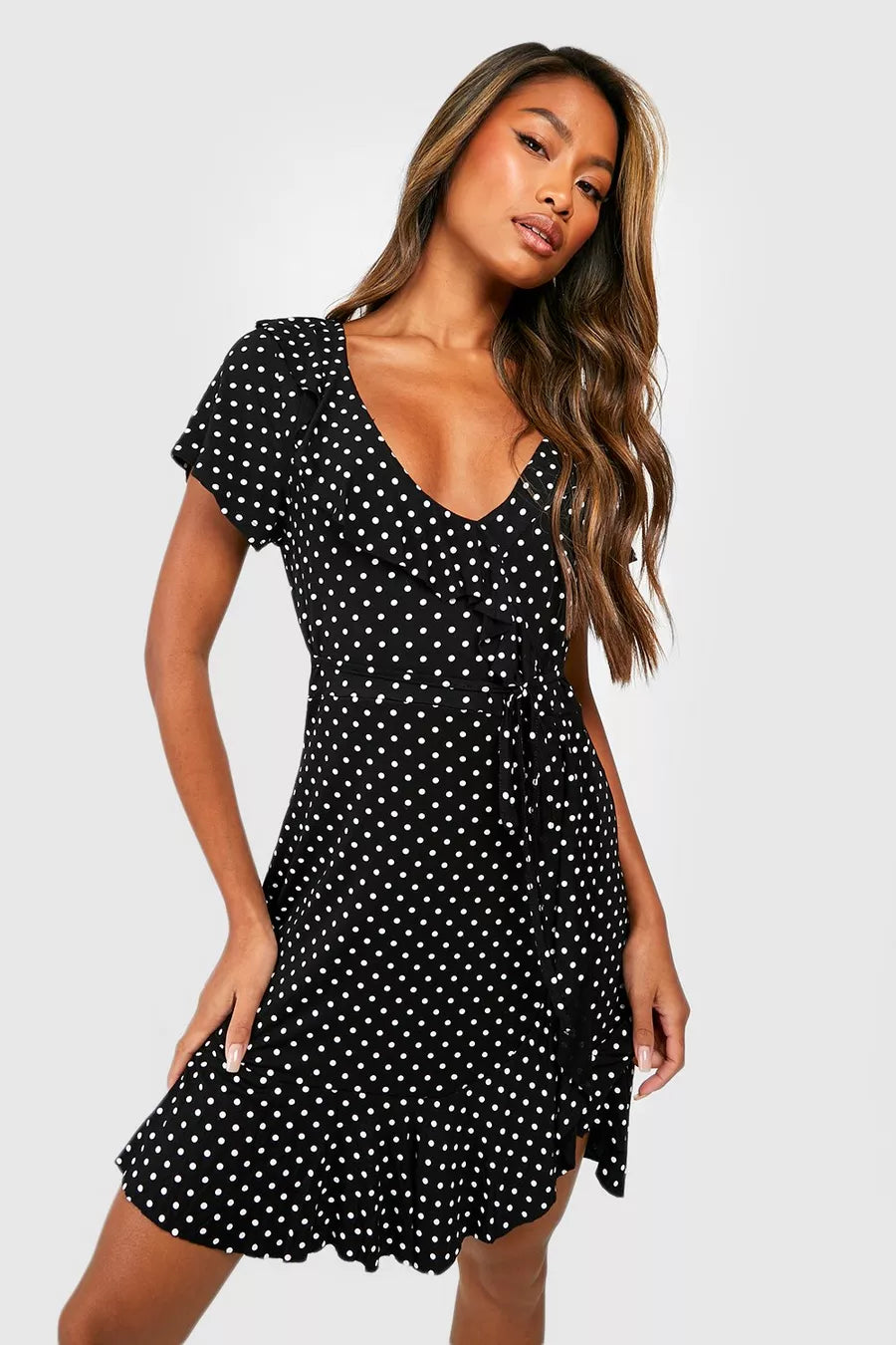 Instant Discount Polka Dot Wrap Front Ruffle Tea Dress
