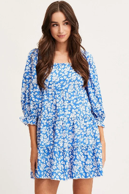 Unbeatable Prices Ditsy Print Fit And Flare Dress Long Sleeve Square Neck