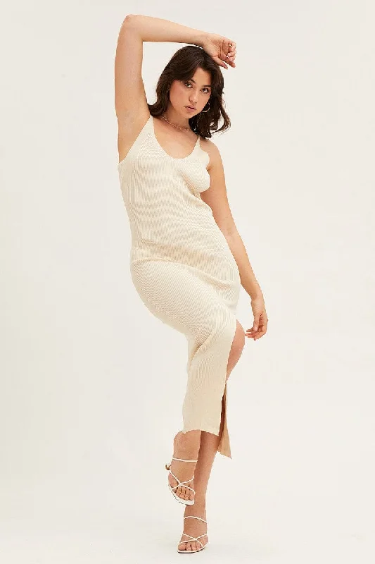 Massive Deals Beige V Neck Kint Midi Dress