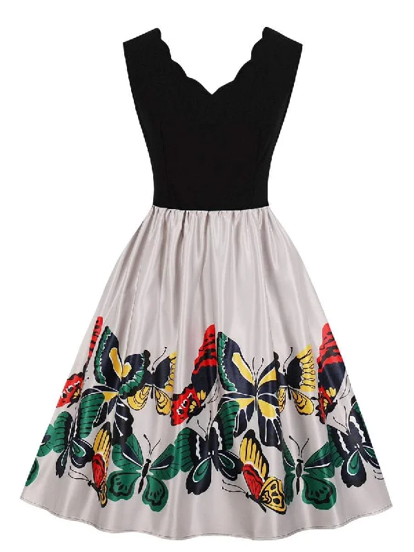 Deal Alert 50s Scalloped Neck Butterfly Print Flare Dress