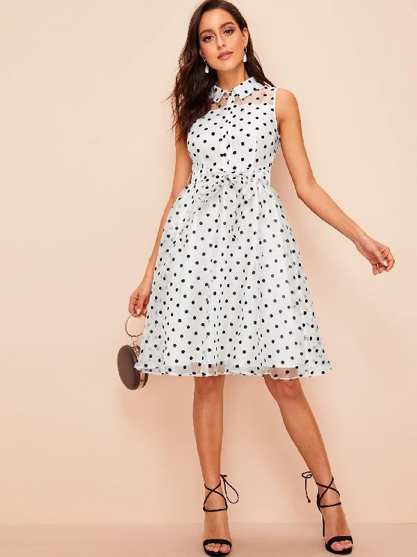 Deal Dash 60s Buttoned Front Belted Polka Dot Organza Dress