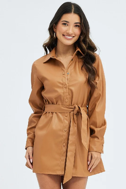 Online Only Beige Faux Leather Dress Long Sleeve Collared Belted PU