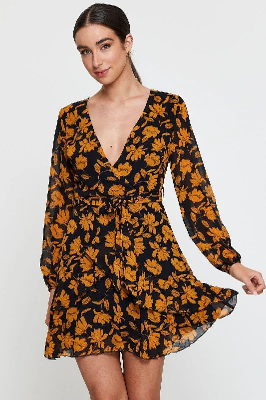 Deal Mania Print Mini Dress Long Sleeve Evening