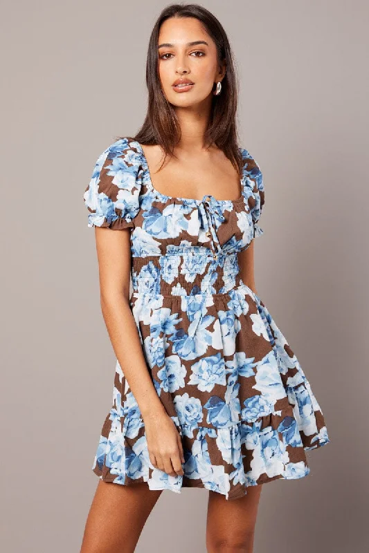 Best Bargains Multi Floral Fit And Flare Dress Puff Sleeve Mini Floral print