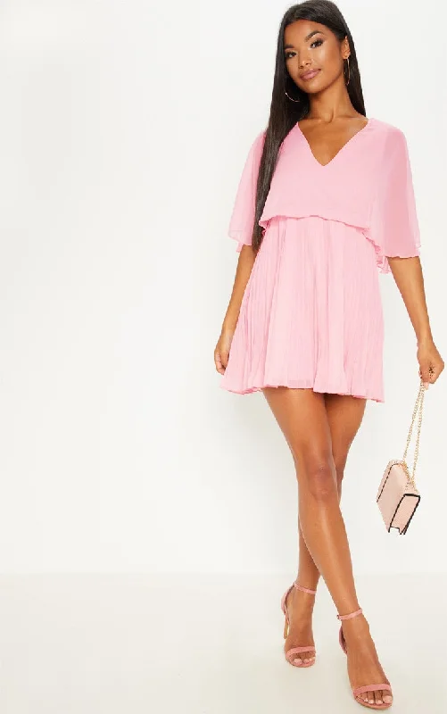 Super Sale Dusty Pink Cape Pleated Detail Skater Dress