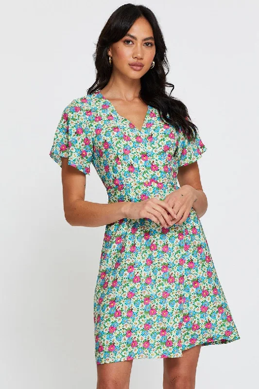 Instant Discount Print Fit And Flare Dress Short Sleeve V Neck