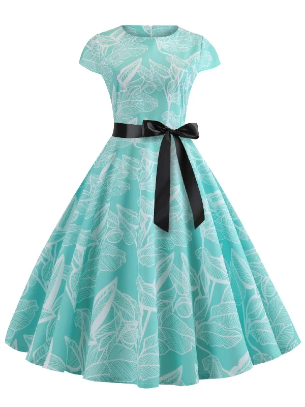 Buy More, Save More 50s Leaf Print Belted Dress