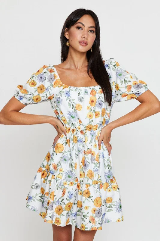 Weekend Deal Print Fit And Flare Dress Short Sleeve Square Neck