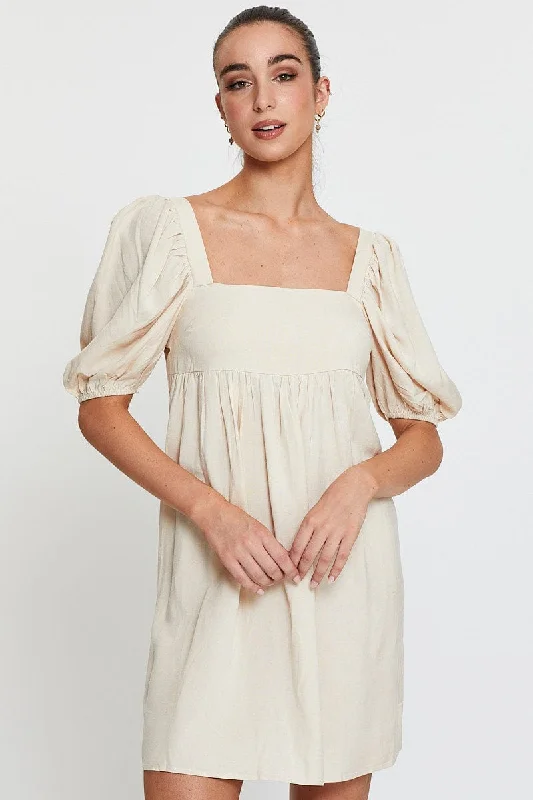 Markdown Madness Beige Mini Dress Short Sleeve Square Neck