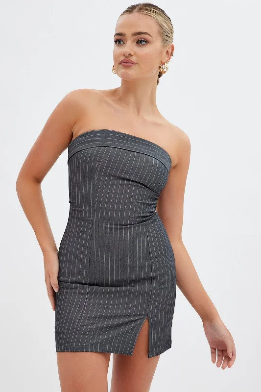 Price Reduction Grey Stripe Bodycon Dress Strapless Boob Tube Mini