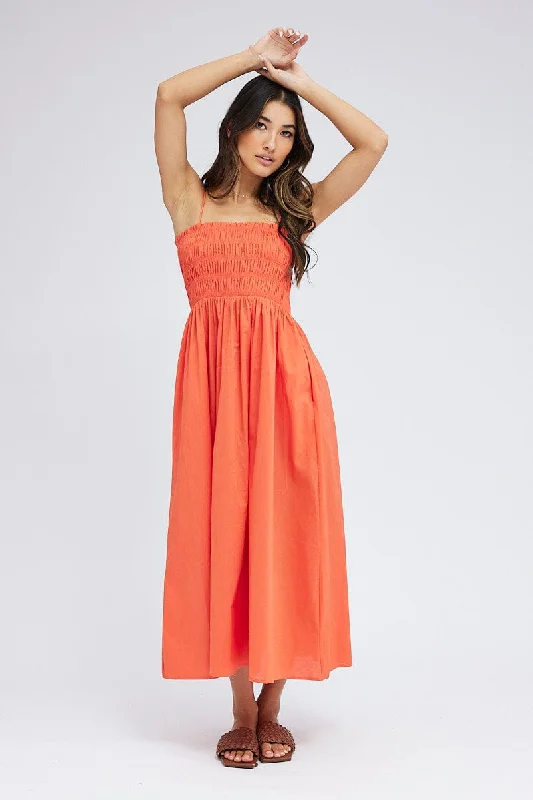 Inventory Reduction Orange Maxi Dress Shirred Bust Poplin