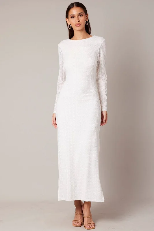 Quick Sale White Textured Dress Long Sleeve