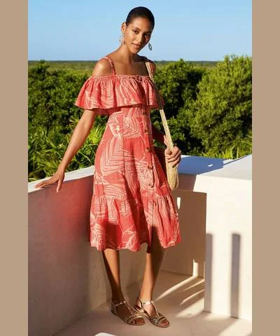 Final Clearance Coral Ruffle Print Dress