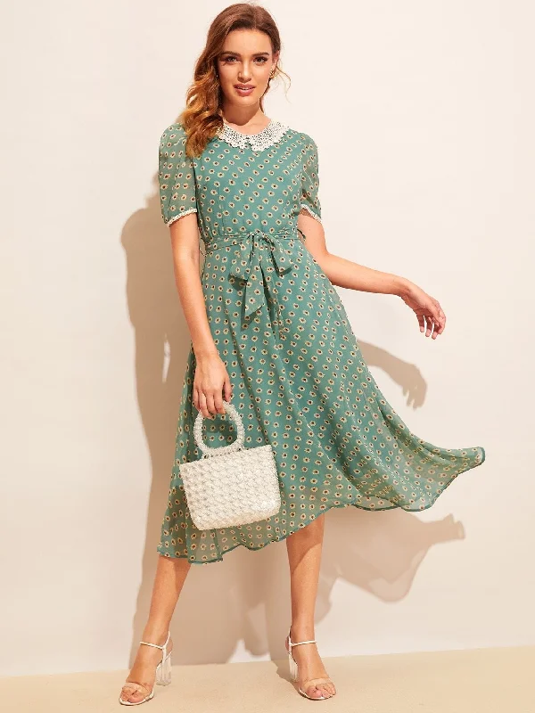 Can't Miss Allover Sunflower Print Lace Trim Belted Dress