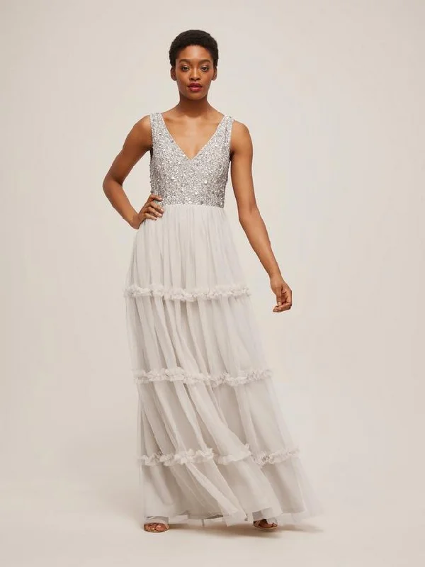 Closeout Peach Sequin Bodice Tiered Maxi Dress