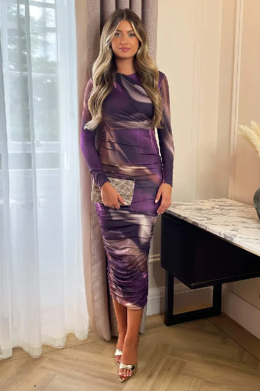 Special Discount Plum Printed Long Sleeve Ruched Bodycon Midi Dress