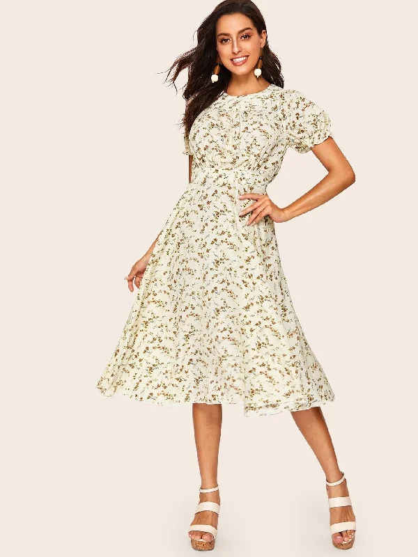 Exclusive Savings 60s Bishop Sleeve Ditsy Floral Print Dress