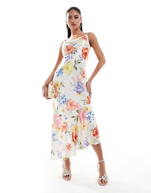 Limited Availability Cami Sleeve Floral Satin Bias Midi Dress