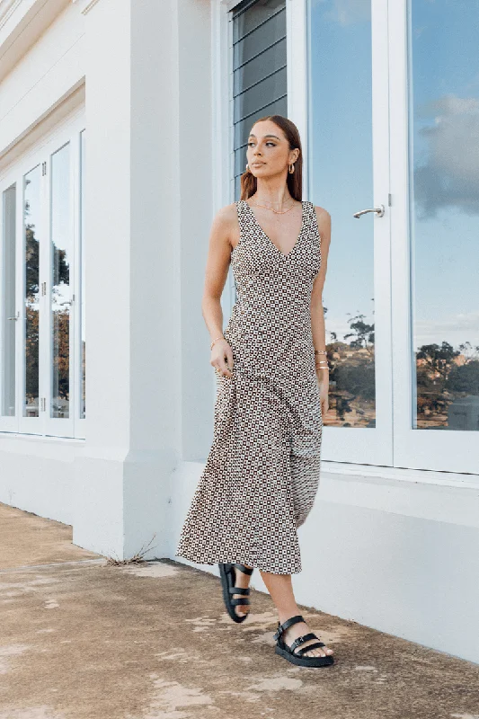 Exclusive Savings Brown Geo Midi Dress V Neck Sleeveless
