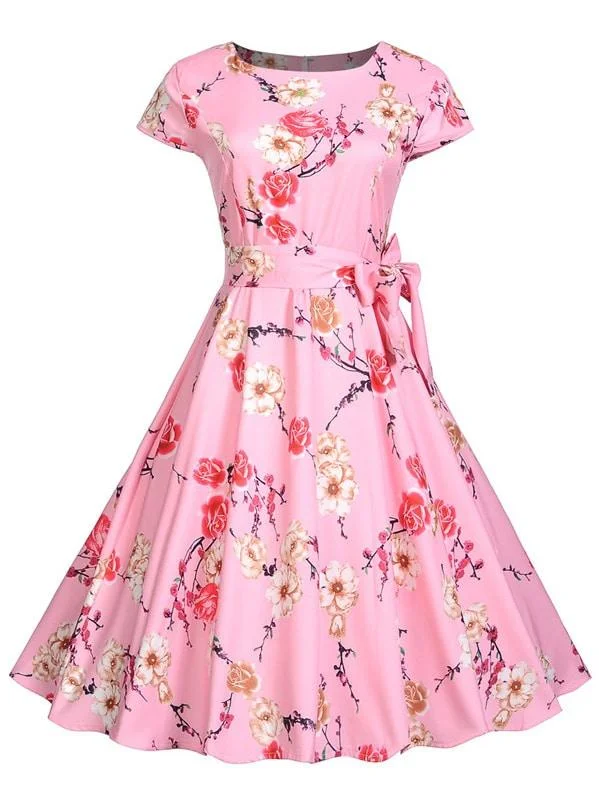 Deep Discounts 50s Floral Print Belted Flare Dress