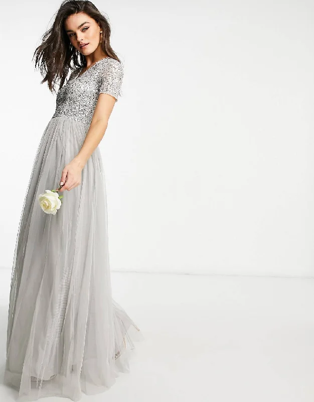 Epic Deals Grey V-Neck Short Sleeve Sequin Maxi Dress
