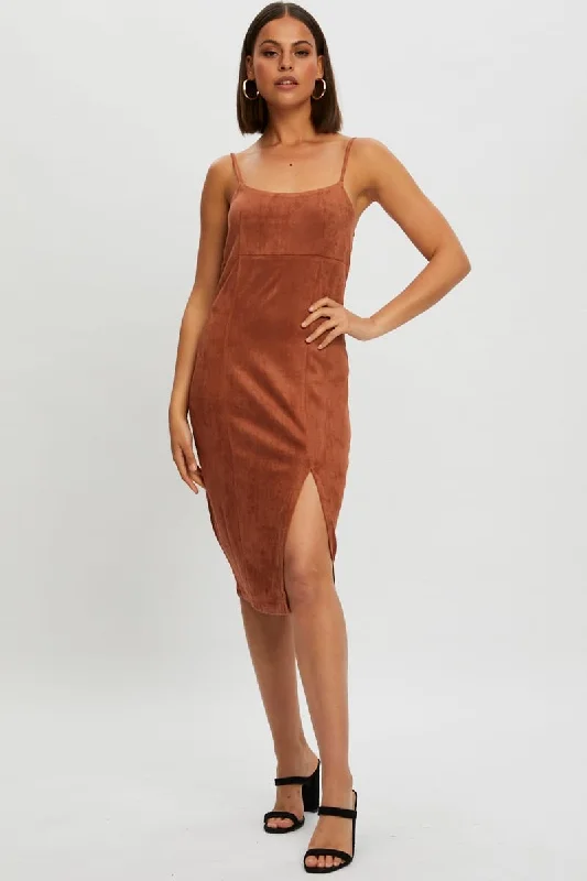 Quick Sale Beige Faux Suede Bodycon Midi Dress