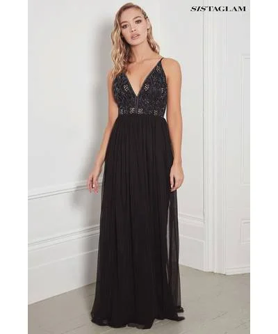 Price Cut Black Plunge Embellished Maxi Dress