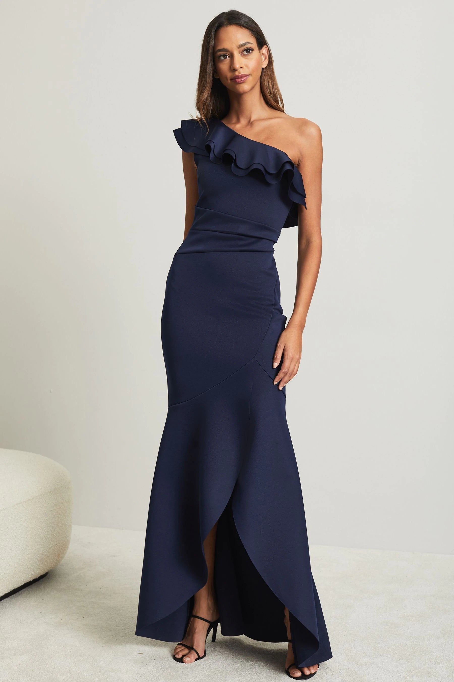 Don't Miss Ruffle One Shoulder Maxi Navy