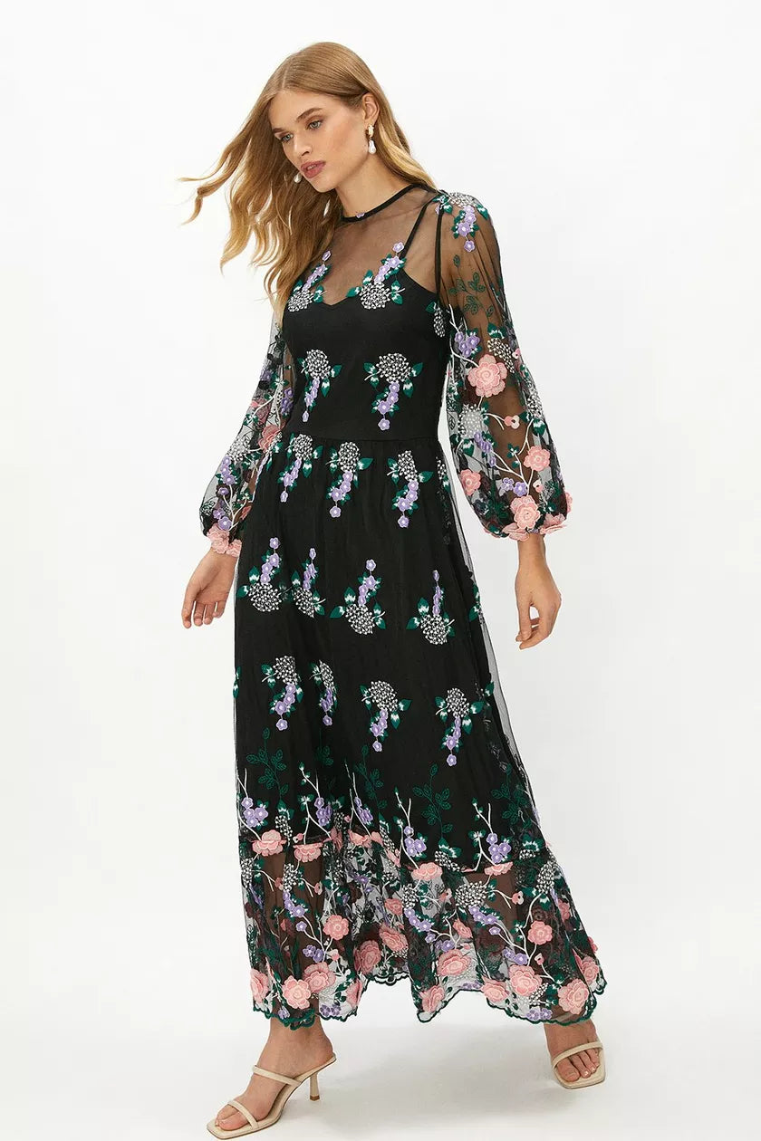Exclusive Access Embroidered Mesh Midaxi Dress Black