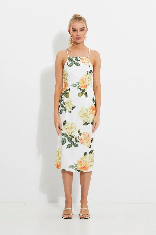 Reduced Prices Print Designer Yellow Rose Racer Neck Slip Midi Dress