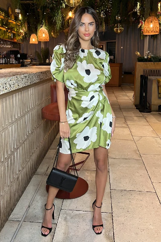 Final Sale Olive Floral Printed Short Puff Sleeve Gathered Side Mini Dress