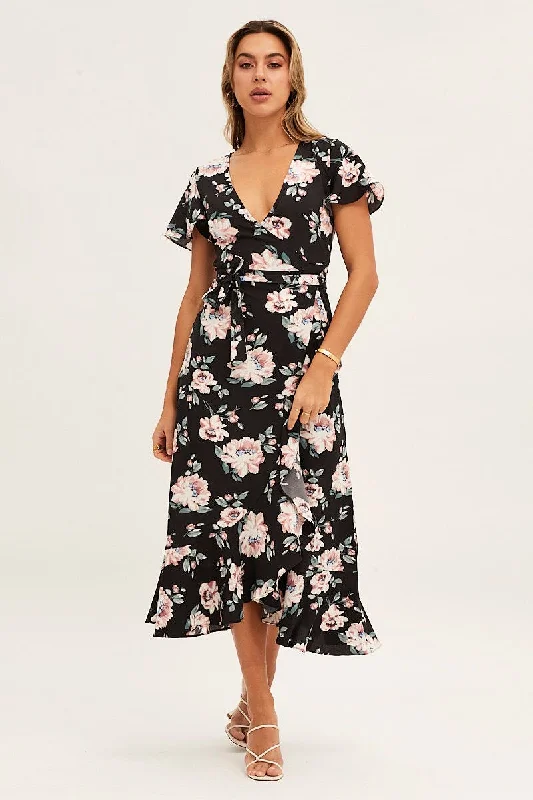 Stock Clearance Print Wrap Midi Dress