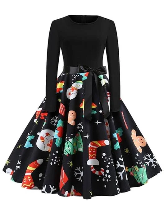 Super Bargain 50s Christmas Print Self Tie Flare Dress