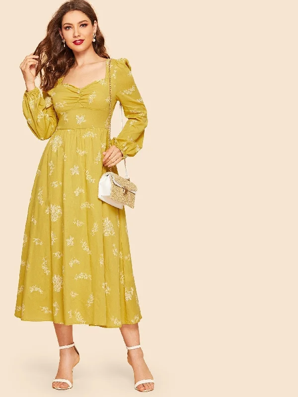 Shop and Save Ruched Front Lantern Sleeve Floral Dress