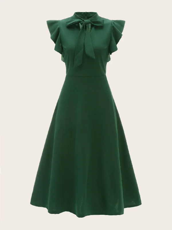 Extra Savings  Tie Neck Ruffle Trim Fit & Flare Dress