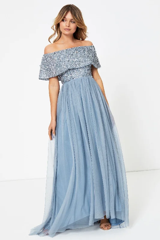 Early Access Embellished Bardot Maxi Dress Blue